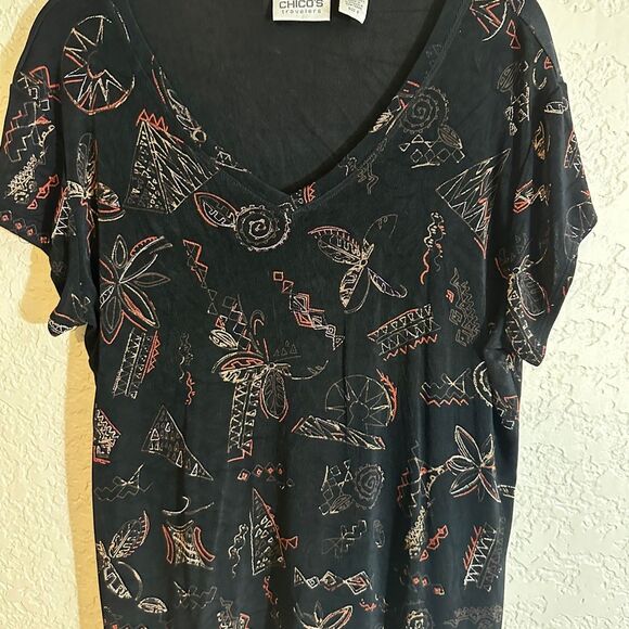 Chico's Travelers Black Abstract Floral V-Neck Short Sleeve Shirt 2‎ Medium - Picture 2 of 7